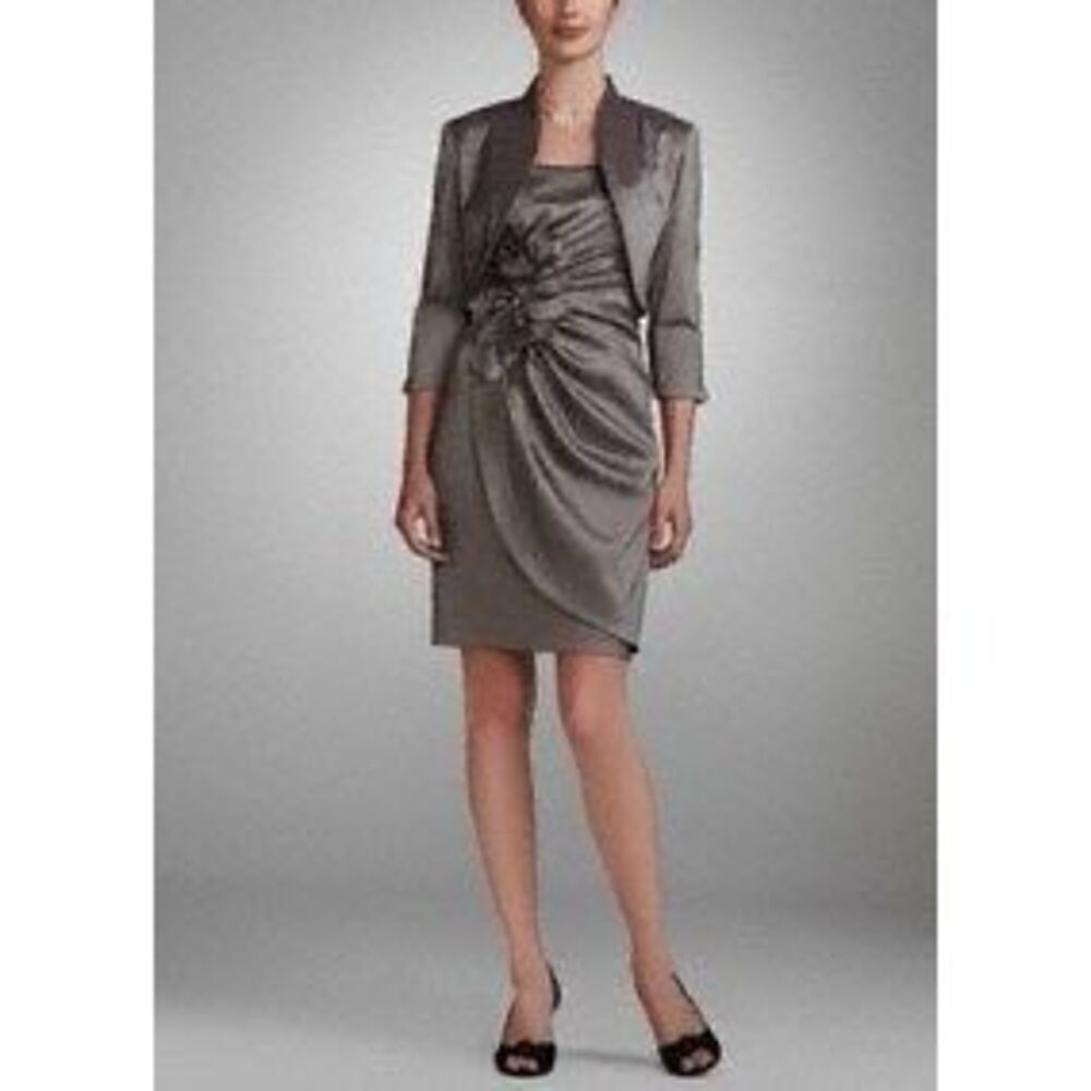 R&M Richards Women's 16 2-PC Formal Dress Metallic Taupe Knee Length Gathered